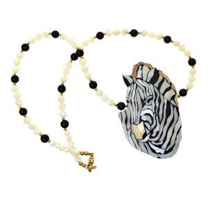 Vintage Lee Sands Necklace Zebra Mother Of Pearl Onyx Bead